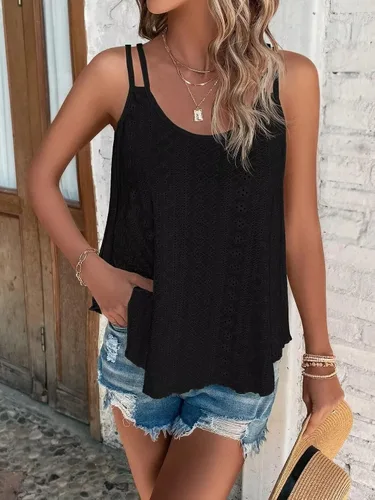 Vista 5 de Donnalla Paquete de 2 camisetas sin mangas para mujer, con ojales bordados, sin mangas, tirantes delgados, cuello redondo, ajuste holgado, casual
