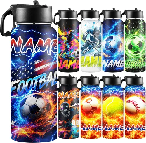 Vista 27 de Botellas de agua personalizadas para niñas, de acero inoxidable con aislamiento de doble pared con pajita, botella de agua de color degradado