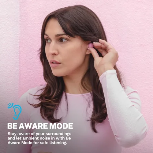 Vista 4 de JLab Go Air Pop+ Auriculares Bluetooth inalámbricos verdaderos en color rosa más puntas de auriculares mnemónicos de espuma de nube