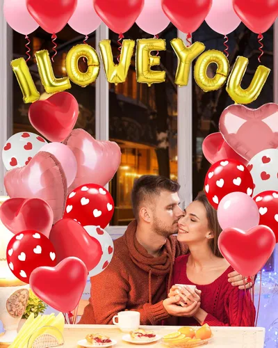 Vista 3 de Lutoys Kit de decoración de globos de San Valentín con globos "I Love You", globos de corazón con 1000 pétalos de rosa roja de seda para el día