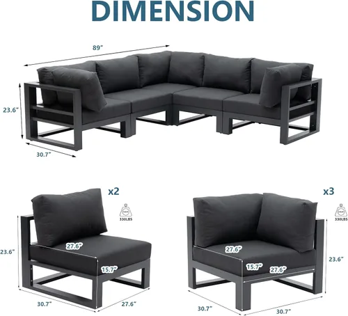 Vista 5 de Juego de muebles de conversación de patio de 5 piezas, sofás seccionales de Set 1 gris oscuro