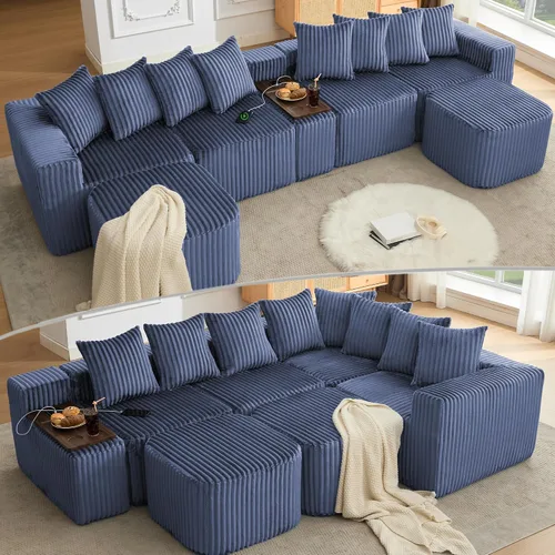 Vista 10 de Sofá seccional de 137.5 pulgadas, sofás modulares sin hueso para sala de estar, cómodo sofá de pana de felpa de asiento profundo, moderno sofá