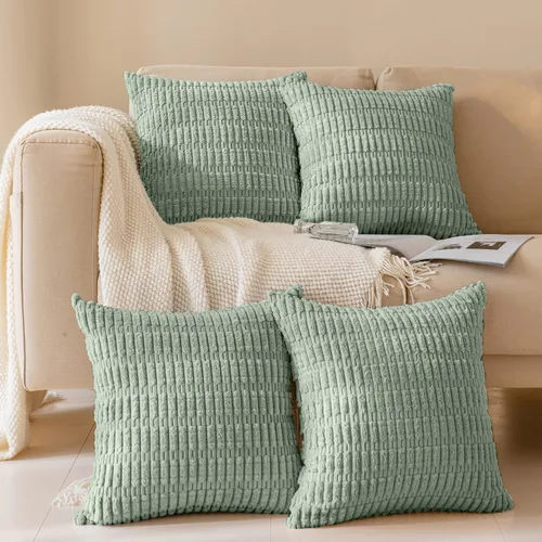 Vista 10 de Juego de 4 fundas de almohada decorativas de pana de 16 x 16 pulgadas, beige y verde Fundas de almohada suaves a rayas estilo bohemio moderno