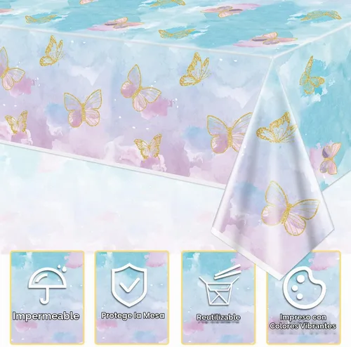 Vista 3 de 4 manteles de fiesta de mariposas, mantel de decoración de cumpleaños de mariposa, manteles rectangulares coloridos con diseño de mariposa