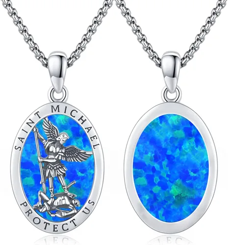 Vista 2 de Collar con colgante de San MiguelSan CristóperSan SebastiánGuadalupeÁngel de la GuardaSanta MuerteJudeJoseph para hombres y mujeres, plata de ley