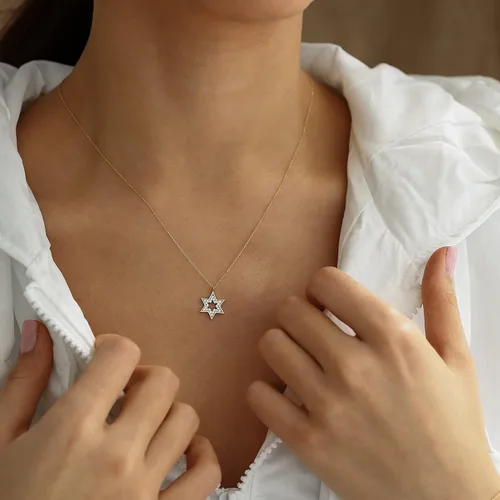 Vista 3 de Gelin Collar de estrella de David de oro macizo de 14 quilates para mujer, Oro, Circonia cúbica