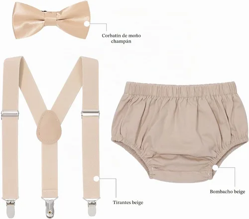 Vista 2 de AWAYTR Conjunto de bombones para bebé niño con tirantes y pajarita para fiesta de primer cumpleaños Beige