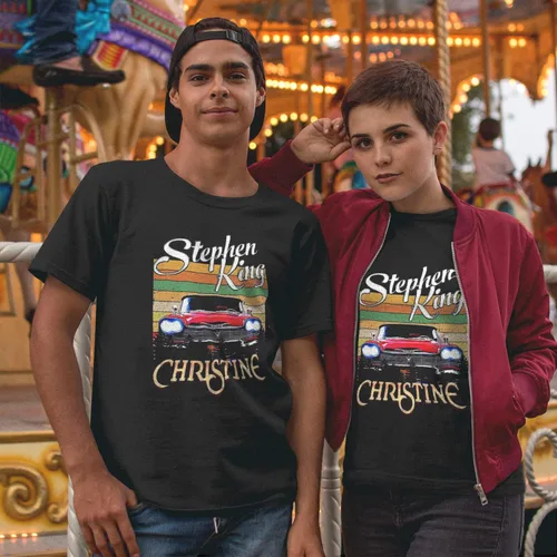 Vista 2 de Christine Stephen King Master Horror Legend Book Movie Vintage camiseta, camiseta clásica de película, camiseta divertida negra, Negro