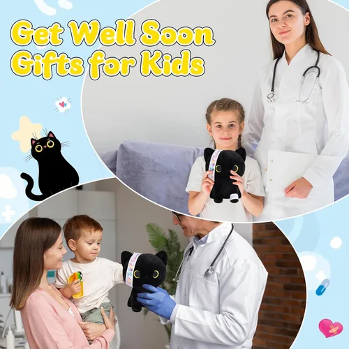 Vista 4 de Regalos para mujeres y niños, peluche de gato negro de 8 pulgadas, animales de peluche con texto en inglés "Get Well Soon", peluches de gato kawaii