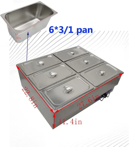 Vista 5 de INTBUYING 1/3 GN 6 Pan eléctrico Comercial Alimentos Sopa Calentador de vapor Mesa Vapor 12x5.5x6inch Pan Calefactor de Alimentos Calientes