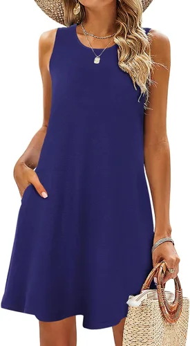 Vista 58 de SimpleFun - Vestidos de verano para mujer, camiseta floral, vestido de playa de estilo bohemio, informal, con bolsillos y sin mangas