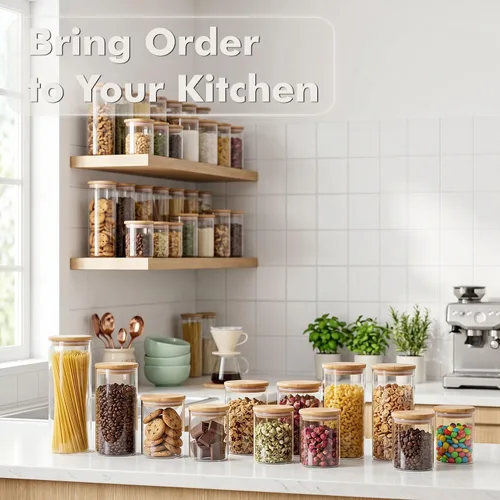 Vista 6 de Paquete de 6 tarros pequeños redondos de vidrio de 0.6 cuartos de galón con tapas de bambú Minimalist Kitchen Organizer,Pantry Storage