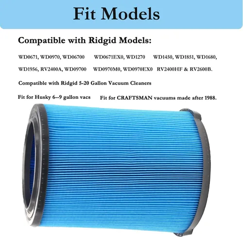 Vista 3 de VF5000 - Filtro de vacío plisado de 3 capas compatible con aspiradoras Ridgid Shop Vac de 6 a 20 galones, filtro de repuesto de polvo fino