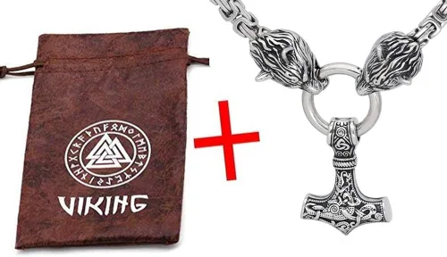 Vista 5 de GuoShuang Wolf Head with Thor Mjolnir Pendant Necklace Stainless Steel - King Chain