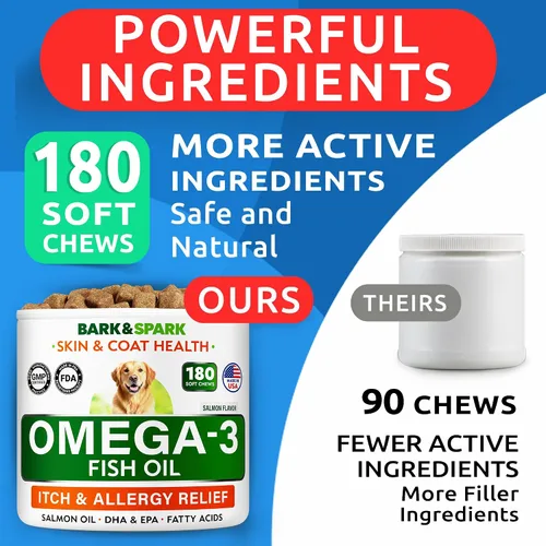Vista 5 de BARK&SPARK Omega 3 para perros - 180 golosinas de aceite de pescado para la muda de pelo de perro, alergia cutánea, alivio de la picazón