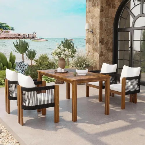 Vista 14 de Quarte Moderno juego de comedor de patio al aire libre de 5 piezas, juego de barra de mimbre de ratán de polietileno para jardín, 4 sillas de altura