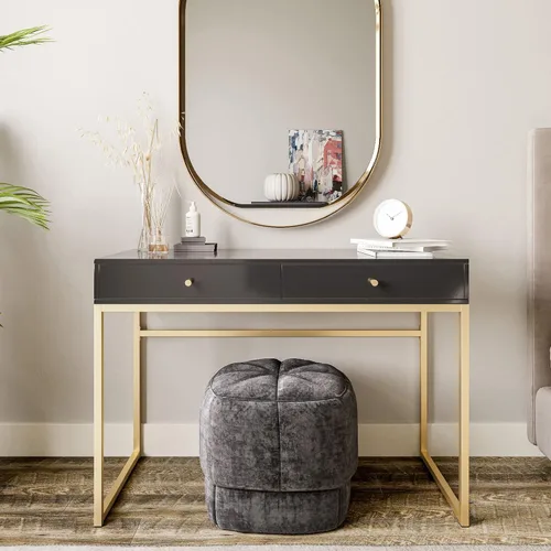 Vista 2 de BELLEZE moderna mesa de tocador, mesa de maquillaje o escritorio para oficina en casa, computadora, portátil, para escribir, con dos cajones de Negro