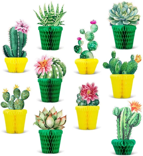 Vista 8 de Whaline 10 centros de mesa de cactus en forma de panal de abeja, decoración de papel suculento en maceta, decoración de cactus florecientes de Rosa