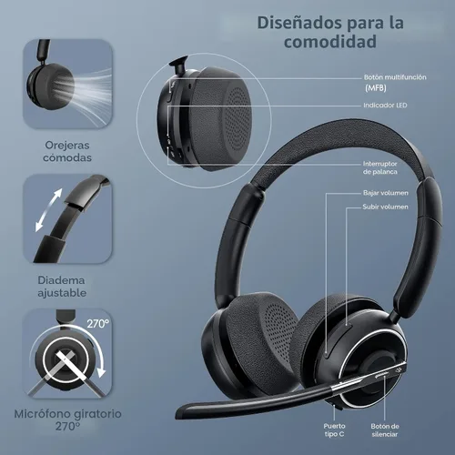 Vista 4 de (2025 Actualizado) Auriculares Inalámbricos con Micrófono para Trabajo, Auriculares Bluetooth con Micrófono de Cancelación de Ruido con Dongle, Base