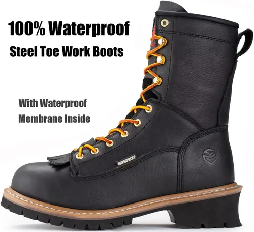 Vista 4 de SUREWAY Men's 8" Waterproof Steel-Toe Logger Work Boot Oil/Slip Resistant,Full Grain Leather,Rubber Sole,EH Rated