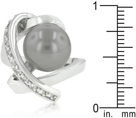 Vista 4 de Kate Bissett Genuine Rhodium Plated Ring Knotted with a Dark Grey Simulated Pearl Bordered by Round Cut Cubic Zirconia