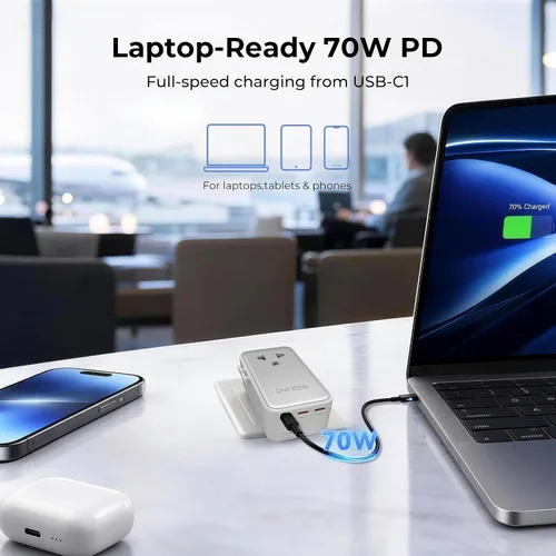 Vista 7 de Dyness Adaptador de viaje universal, 70W GaN Ultra-Slim, 4 puertos USB Blanco