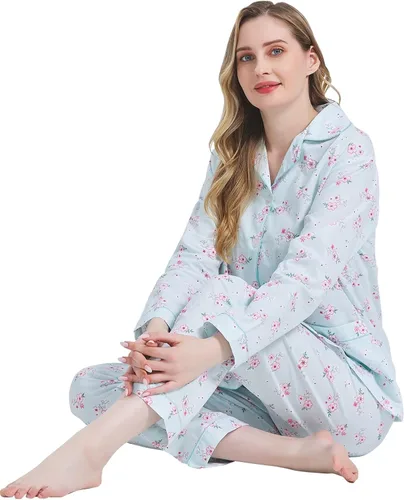 Vista 6 de Amaxer Conjunto de pijama 100% algodón para mujer, de manga larga, suave, con botones, con cordón elástico