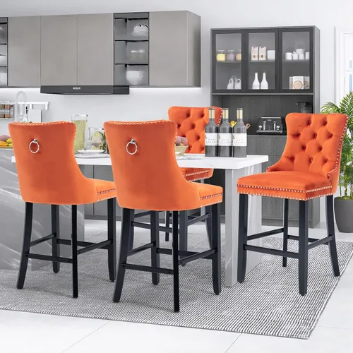 Vista 48 de SoarFlash Juego de 2 taburetes de bar tapizados de terciopelo moderno con patas de madera, botones acolchados, cabeza de clavo cromada, asiento