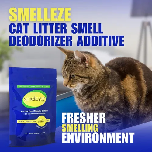 Vista 2 de SMELLEZE Aditivo desodorante eliminador de olores de arena natural para gatos: 2 lb. Elimina fuerte olor a orina y hedor de excrementos. Cambia
