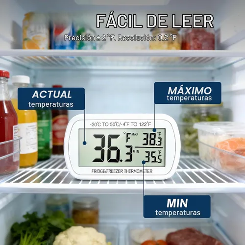 Vista 2 de Termómetro de refrigerador resistente al agua, termómetro digital para congelador, función de registro Max/Min, pantalla LCD grande y parte trasera