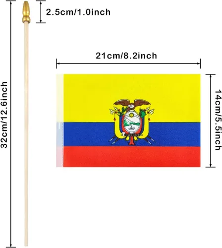 Vista 2 de QQSD Banderas de mano pequeñas de Ecuador con palo ecuatoriano, poste de madera maciza con punta de lanza, paquete de 12