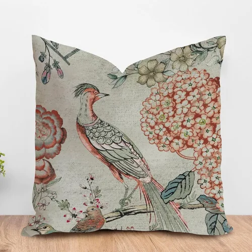 Vista 9 de ArogGeld Fundas de almohada de granja de camelia y pavo real, color rosa, rubor, chinoiserie, pájaro, blanco, lino, funda de cojín chinoiserie