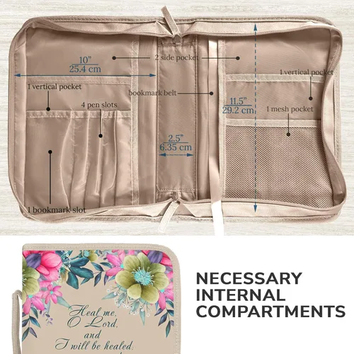 Vista 28 de DEHITE Funda para la Biblia para mujer, fundas de tela prémium para la Biblia para niñas, bolsa de transporte para mujer, ranuras para bolígrafos
