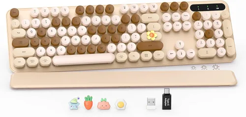 Vista 24 de Combo de teclado y mouse inalámbricos, teclado retro con teclas redondas, teclado estilo máquina de escribir de tamaño completo con reposamuñecas