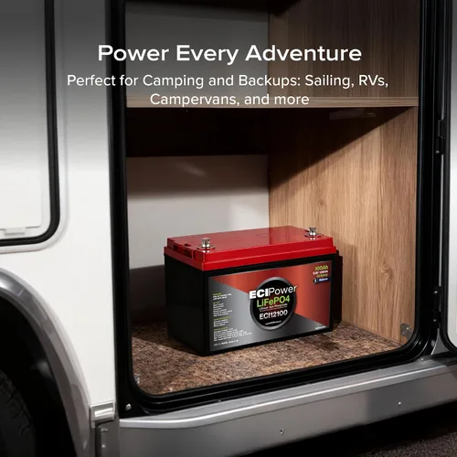 Vista 5 de Paquete de 2 baterías recargables ECI Power LiFePO4 de litio de 12 V 100 Ah Bluetooth 5000 ciclos de vida y 10 años de vida útil BMS integrado