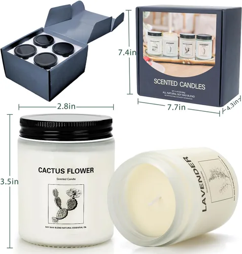 Vista 8 de Velas perfumadas para el hogar, paquete de 4 velas de soja de regalo con 4 aromas de fragancia, velas florales y de madera de lavanda
