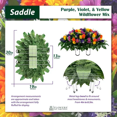 Vista 3 de Sympathy Silks Flores artificiales para cementerios – Decoraciones para tumbas - 1 ramo de flores silvestres de violeta púrpura y naranja, 1 montura