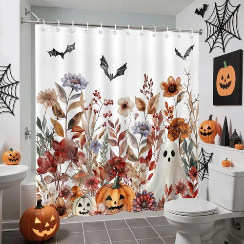 Vista 2 de Lindameler Cortina de ducha de Halloween para baño, cortina de ducha espeluznante con diseño floral de calabaza, fantasma, para decoración