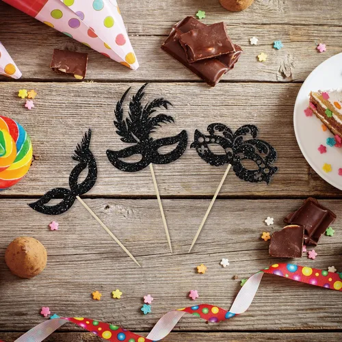 Vista 3 de Gyufise 24 máscaras de mascarada para cupcakes con purpurina para despedida de soltera, para cupcakes, comida y frutas, baile de máscaras, Mardi