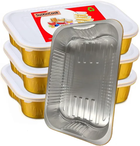 Vista 11 de Sartenes de papel de aluminio de SuiXinCook con tapas, 10 unidades, resistentes, 2 libras, sartén pequeña de papel de aluminio de 8.5"×6