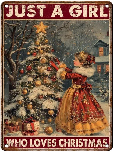 Vista 29 de Letrero de metal con texto en inglés "Just a Girl Who Loves Christmas", póster de hojalata para árbol de Navidad, decoración conmovedora de pared