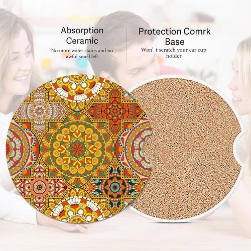 Vista 3 de Posavasos para Portavasos de Coche con Mandala Bohemio, Paquete de 2 Posavasos para Coche, Accesorios Interiores Estéticos para Hombres y Mujeres