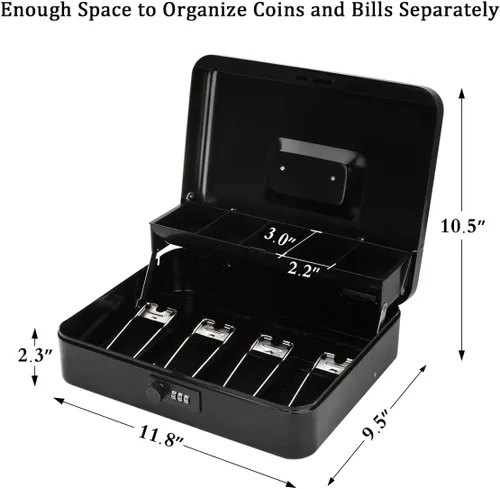 Vista 6 de Jssmst - Caja grande de seguridad para dinero con bandeja; caja de dinero de metal con cerradura de combinación y cable de seguridad, color negro