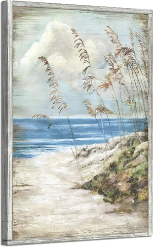 Vista 20 de Arte de pared enmarcado costero abstracto, imagen de silla de playa, pintura moderna del océano, impresiones de paisaje marino relajante, decoración