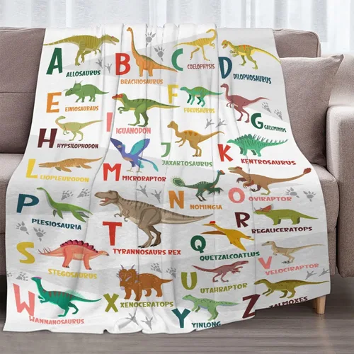Vista 2 de Manta del alfabeto de dinosaurio, manta de dinosaurio para niños y niñas, franela suave y acogedora, ligera y cálida, 30 x 40 pulgadas para bebés