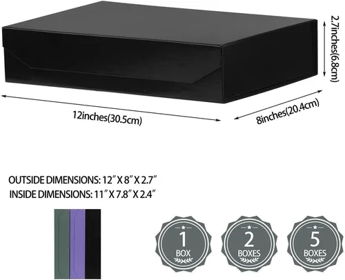 Vista 4 de 1 paquete de caja de regalo negra con tapas, pequeña de 12 x 8 x 2.7 pulgadas, cajas de regalo para ropa, cajas de regalo para camisas con cinta