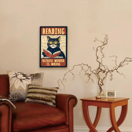 Vista 7 de 1 letrero de metal vintage de 8 x 12 pulgadas con diseño de gato retro con texto en inglés "Reading Because Murder is Wrong", póster