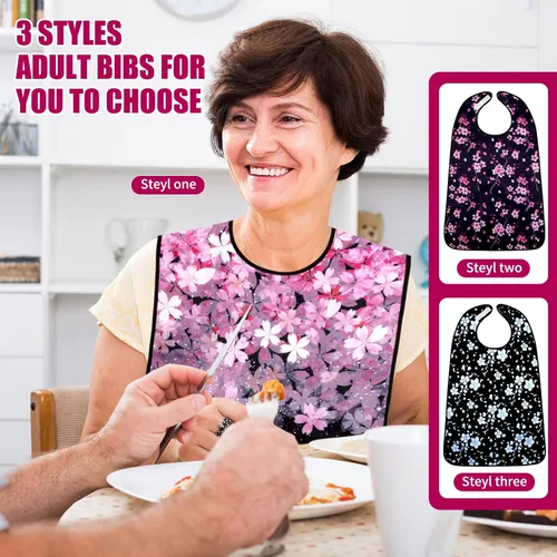 Vista 9 de Baberos para adultos, paquete de 3 baberos para adultos con flor de cerezo para mujeres, lavables con atrapa migas (negro y rosa, paquete de 3)