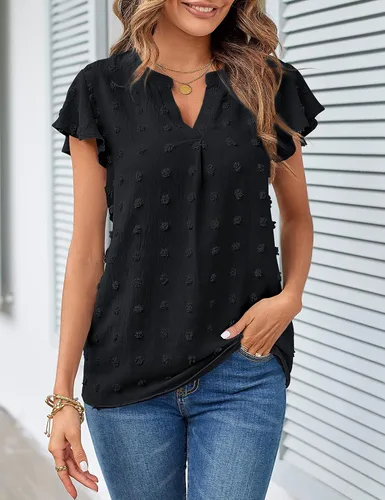 Vista 3 de MEROKEETY Blusa de verano de manga corta con volantes y cuello en V para mujer 2023, con lunares suizos, blusa de túnica