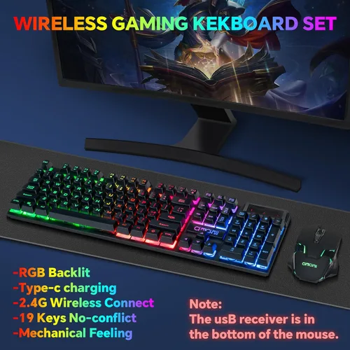 Vista 2 de CHONCHOW Combo de teclado y mouse inalámbricos USB para juegos, teclado ergonómico con retroiluminación LED, batería recargable de 2500 mAh